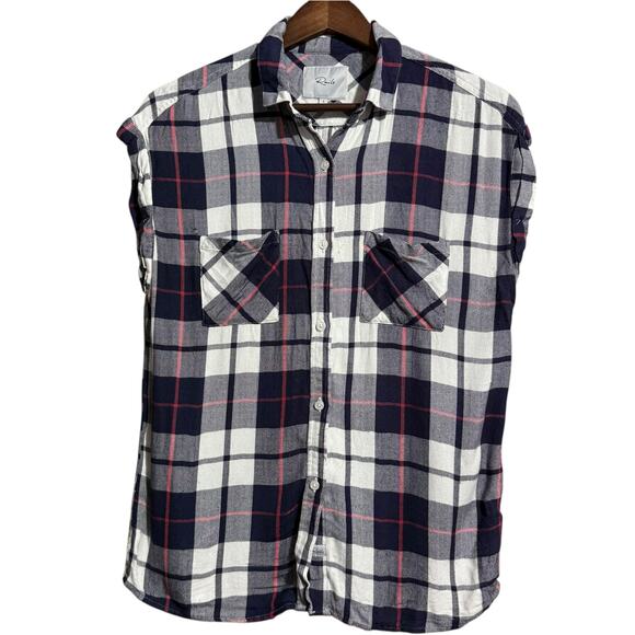 Rails Britt Plaid short sleeve rolled cuff rayon blouse white navy pink small - Picture 8 of 8